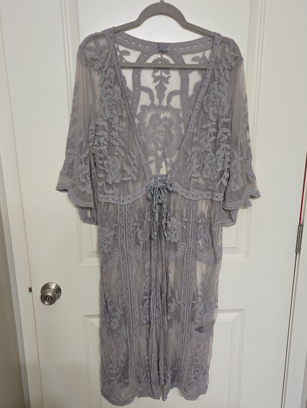 POL Sheer Embroidered Kimono Robe - Gray